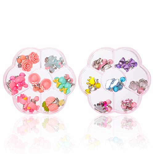 Hifot 14 pares Pendientes de clip Pendientes de diseño sin perforaciones Vestir accesorios de joyería princesa para niñas niños pequeños en 2 cajas claras