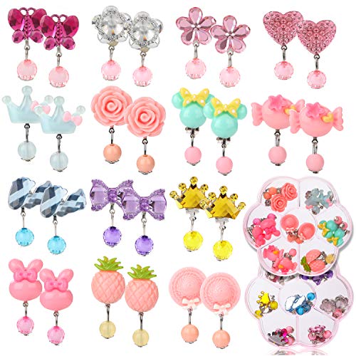 Hifot 14 pares Pendientes de clip Pendientes de diseño sin perforaciones Vestir accesorios de joyería princesa para niñas niños pequeños en 2 cajas claras