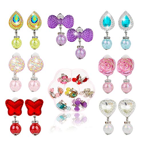 Hifot 7 pares Pendientes de clip Pendientes de diseño sin perforaciones Vestir accesorios de joyería princesa para niñas niños pequeños en 2 cajas claras