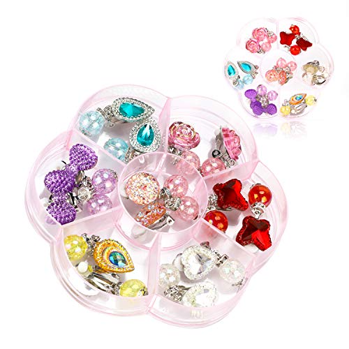 Hifot 7 pares Pendientes de clip Pendientes de diseño sin perforaciones Vestir accesorios de joyería princesa para niñas niños pequeños en 2 cajas claras