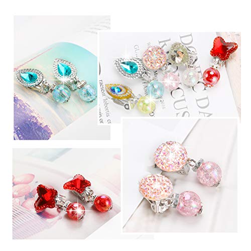 Hifot 7 pares Pendientes de clip Pendientes de diseño sin perforaciones Vestir accesorios de joyería princesa para niñas niños pequeños en 2 cajas claras