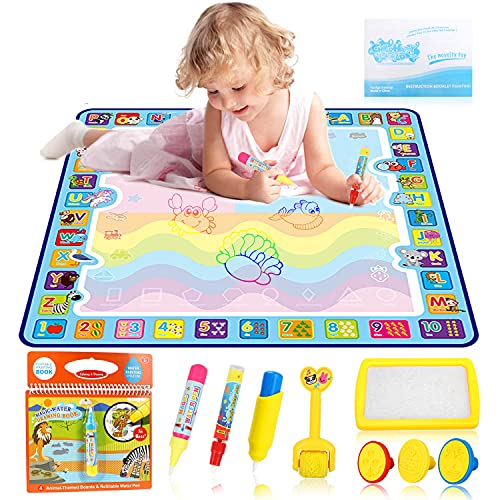 HOWAF Doodle Agua, 100x100 cm Agua Dibujo Pintura Alfombra de Agua Pizarra Mágica Escritura de Agua Doodle con Plumas Sellos Juegos para Niños Mayores de 2 Años, Regalo Ideal para niños