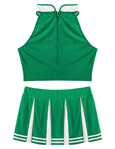 IEFIEL Disfraz de Animadora Uniforme para Mujer Chicas Sexy Traje High School Musical Top sin Mangas Falda Corta Plisada Disfraz Cosplay Halloween Carnaval S Verde XXL