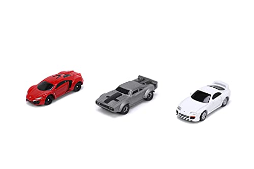 Jada Toys Fast & Furious 253201004 Nano Cars Wave 4 - Pack de 3 carros de Rueda Libre, Lykan Hypersport, Dodge Ice Charger, Toyota Supra, Blanco, Multicolor