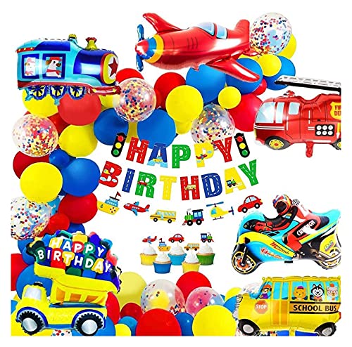 JSJJAWD Ballon Decoración de cumpleaños para niños Feliz cumpleaños Banner Cars Escuela Bus Train Fuego Truco Motocicleta Plano Globos Transporte (Color : Set)