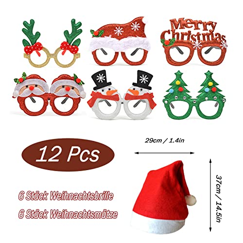 Juego de Fiesta de Navidad ​Traje,Juego de 6 gafas de Navidad y 6 gorros de Navidad, gafas divertidas, gafas de fiesta, decoración navideña.