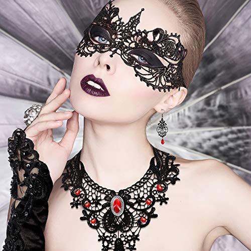 Juego de Gargantilla de Encaje Roja de Disfraz Gótica, Collar Choker de Colgantes de Lolita con Pendientes, Cubierta Facial de Mascarada y Guantes de Encaje sin Dedos para Halloween Fiesta