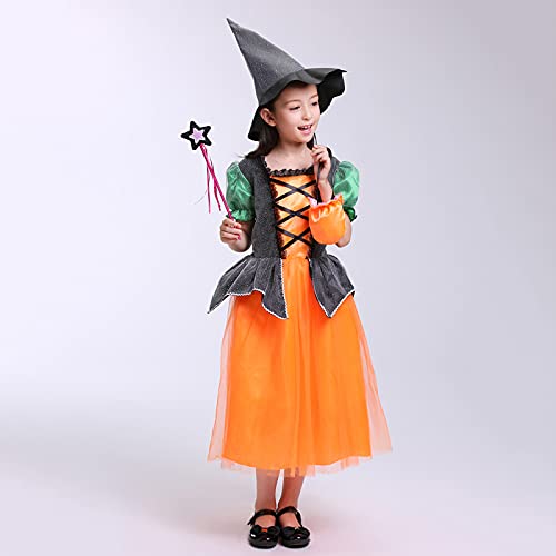 Julhold Disfraz de Halloween para bebé niña bruja mago cosplay disfraz de fiesta de festival (naranja (vestido + sombrero, varita mágica + bolsa de cabdy) 12-13 años)