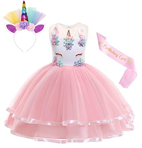 Jurebecia Disfraz Princesa Vestido de Unicornio para Niña Bebé Disfraz de Fiesta Princesa Tutú Vestido Halloween Princesa Fiesta de Cumpleaños Rosa 9-10 Años