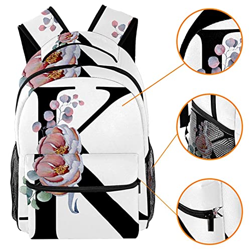 KeepCart Mochila Mochila Mochila Mochila escolar Senderismo Mochila Aprender Alta capacidad y lindo al aire libre Letra de alfabeto de peonía floral k para hombre y mujer