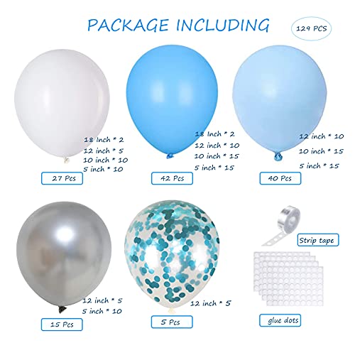 Kit Arco Globos Azul Blanco Plateado AIOZX 129 Piezas Guirnalda de Globos Látex Helio Metálicos Confeti Globos para Niños Decoración Cumpleaños Baby Shower Boda Bautismo Fiesta