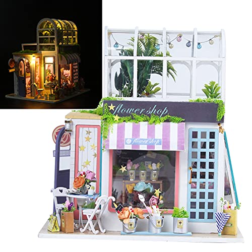 Kit De Casa De Muñecas En Miniatura, Modelo De Tienda De Flores De Bricolaje De Madera Juguetón con Luz LED para Niña para Niños para Casa De Juegos para Niño