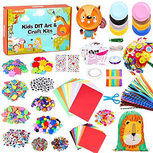 kramow Kits de Manualidades para Niños, Juego de Manualidades con Bolsa con Cordón,Pompón, Limpiapipas, Pluma, Cuentas, Actividades Creativas, Juguetes Educativos Regalo para Niño Niña 5 Años +