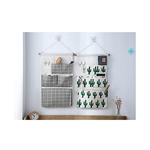 LIZHOUMIL Armario de pared con 5 bolsillos y 2 ganchos para llaves, tela de lino y algodón, organizadores colgantes para dormitorio, cuarto de baño (33 x 57 cm), rejilla blanca, ancho