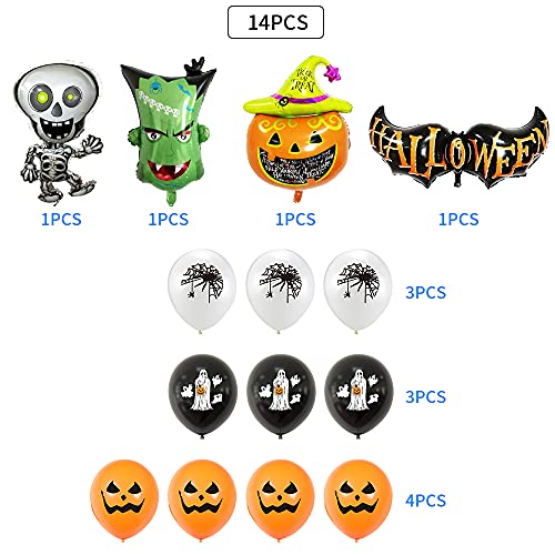 LUKIUP® Globos de Halloween Set,14pcs Globos de Látex y Aluminio de Halloween, Incluye Calabaza, Bruja, Esqueleto, Fantasma, Murciélago Globos, para Decoración de Fiesta de Halloween