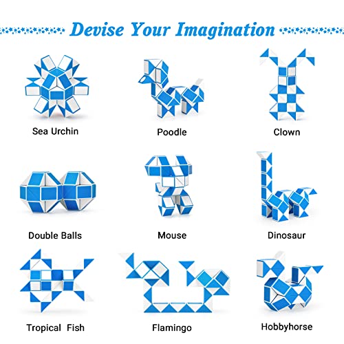 Magic Snake de 48 Bloques, TOYESS Rompecabezas Cubos de Serpiente Mágica para Niños, Twisty Puzzle Ruler para Llenadores de Bolsos para Fiestas o Navidad (Azul y Blanco)