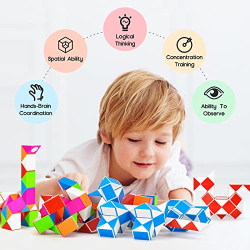 Magic Snake de 48 Bloques, TOYESS Rompecabezas Cubos de Serpiente Mágica para Niños, Twisty Puzzle Ruler para Llenadores de Bolsos para Fiestas o Navidad (Azul y Blanco)