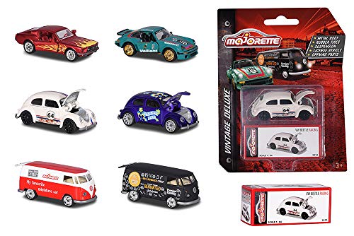 Majorette Die Cast Vintage Deluxe Assortment-Vehículo (incluye caja coleccionable, neumáticos de goma, rueda libre, 6 modelos), multicolor (212052016) , color/modelo surtido