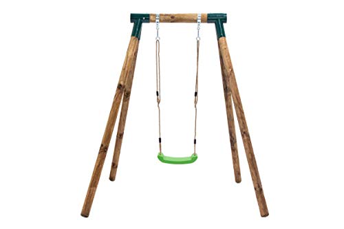 MASGAMES | Columpio de Madera Individual Kila | Asiento plástico Plano con Cuerdas Regulables | Madera tratada | Anclajes incluidos | Uso doméstico |