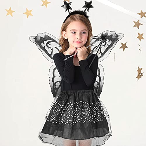 Meleager Disfraz de Hada para Niñas, 4PCS Niña Disfraz Mariposa, alas de Hadas, Tutú de Tul, Alas Mariposa Niña Disfraz, Varita Hada, Disfraz Hada, Alas Negras Disfraz, Disfraz de Fiesta