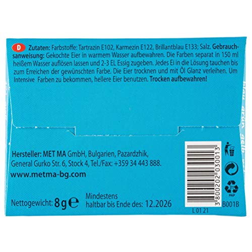Metma B004-Lote de 4 Pinturas Verde, Rojo, Amarillo, Azul, Colores cálidos, Pastillas para Colorear, Huevos de Pascua, Multicolor (B004)