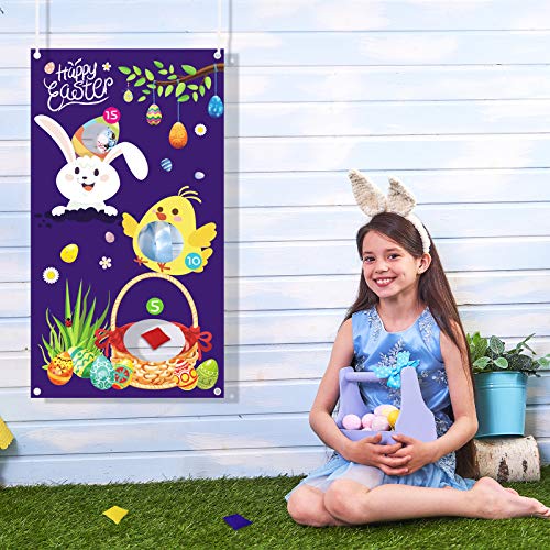 MEZOOM Juegos de Lanzamiento de Pascua Toss Games Banner Pancarta de Conejo con 3 piezas Bolsas de Frijoles Jugete de Jardines para Fiesta de Pascua Niños Adultos