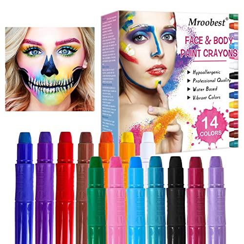 Mroobest Pintura Facial, Crayones de Pintura Facial, Pinturas Cara para Niños Kit, 14 Colores Pintura Lápices de Colores Body Pintura Corporal Non Tóxica Lápices, Halloween/Navidad/Cosplay