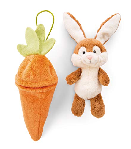 NICI 47348 Colgante de Conejo de Peluche con Zanahoria, 15 cm, Colgante de Conejo en Zanahoria, Idea de Regalo para Nido de Pascua, Naranja/marrón