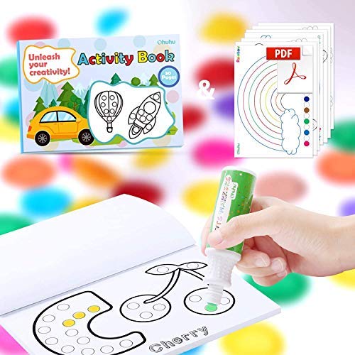 Ohuhu Marcadores de Puntos, 12 Colori Pennarelli (9mm) Bingo Pittura Penne (40 ml) con 30 Pagine di Libro di Attività, Bolígrafos Lavables no tóxicos, Pennarelli a Punta per Arte