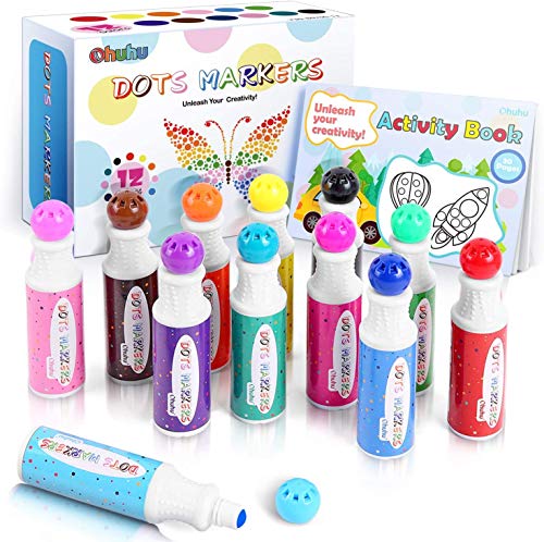 Ohuhu Marcadores de Puntos, 12 Colori Pennarelli (9mm) Bingo Pittura Penne (40 ml) con 30 Pagine di Libro di Attività, Bolígrafos Lavables no tóxicos, Pennarelli a Punta per Arte