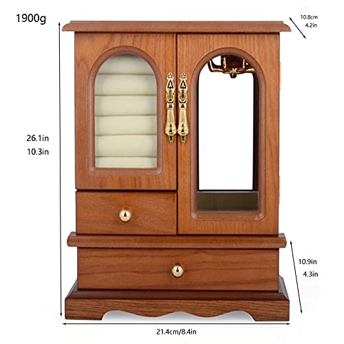 OMIDM Caja De Joyería, Hecha De Madera Maciza con 3 Cajones Organizador Y Collar Incorporado Carrusel Y Gran Espejo Blanco (Color Marrón Rústico)
