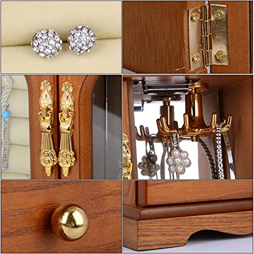 OMIDM Caja De Joyería, Hecha De Madera Maciza con 3 Cajones Organizador Y Collar Incorporado Carrusel Y Gran Espejo Blanco (Color Marrón Rústico)