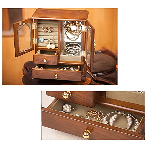 OMIDM Caja De Joyería, Hecha De Madera Maciza con 3 Cajones Organizador Y Collar Incorporado Carrusel Y Gran Espejo Blanco (Color Marrón Rústico)