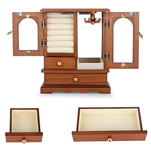 OMIDM Caja De Joyería, Hecha De Madera Maciza con 3 Cajones Organizador Y Collar Incorporado Carrusel Y Gran Espejo Blanco (Color Marrón Rústico)