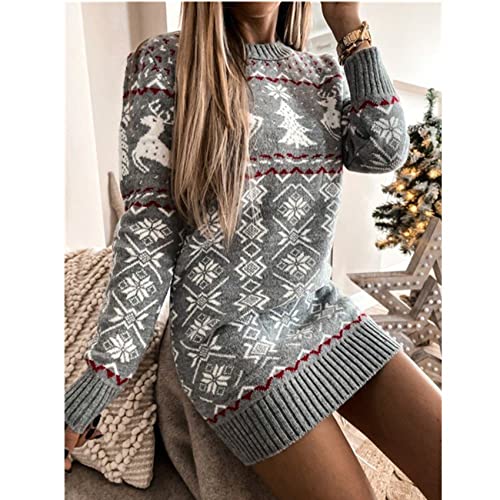 OtoñO E Invierno Moda Casual Mujer Cuello Redondo Tema NavideñO Jacquard De Punto De Manga Larga Vestido Corto SuéTer Delgado Falda Mujer