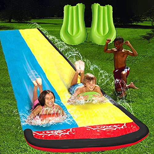 Ousyaah Tobogán de Agua, 4.8 x 1.4M Resbaladilla de Agua Doble Inflable Gigantes con 2 Tablas de Bodyboard para Niños Adultos Diversión al Aire Libre Juego Acuático