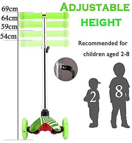 Patinete Niño Niña, Patinete de 3 Ruedas Scooter para Niños de 2 a 8 años, Patinete Niño 3 Ruedas con LED Intermitentes, 4 Alturas Ajustables, Carga máxima de 50 kg (A Verde)