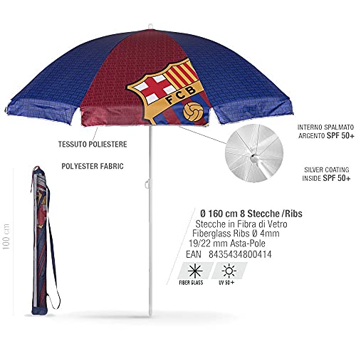 PERLETTI 15197 - Sombrilla Antiviento FC Barcelona rojo y azul, Diámetro 140 cm, Protección contra los rayos UV SPF 50+