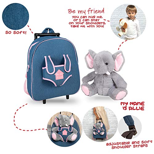 PERLETTI Mochila Trolley Infantil con Elefantito de Peluche - Bolsa con Ruedas y Muñeco Niños Niñas 3 4 5 Años - Pequeño Bolso Escolar para Escuela Guardería Viaje - 29x33x11 cm (Elefante)