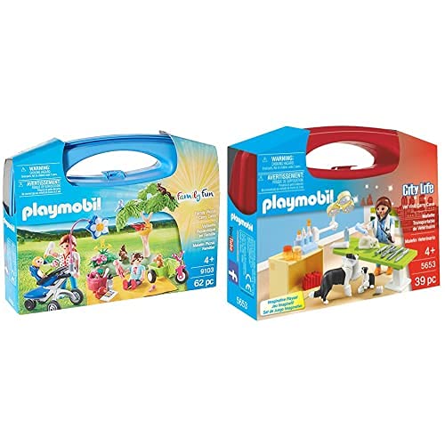 PLAYMOBIL - Family Fun Maletín Grande Picnic Familiar, Multicolor, Única (9103)+ Veterinaria- City Life Playset, Maletín Veterinaria, Multicolor, Miscelanea (5653)