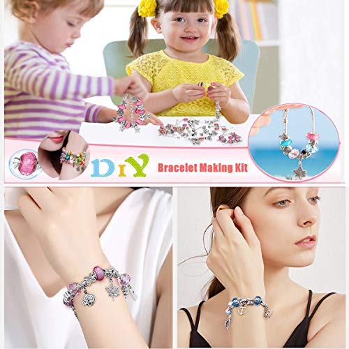 Pulseras hacer niña, 56pcs Kit de fabricación de Joyas Bricolaje Kits para Hacer Pulseras con dijes Colgantes Cuentas Cadenas para Hacer Joyas, Juegos de artesanías
