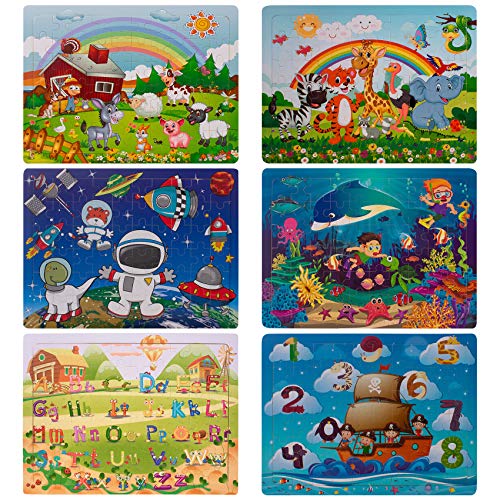 Puzzle Madera niños, Swonuk 60 Piezas Rompecabezas Madera Bebe, Include Animales, numeros, Letras, Regalo para niños(6 Paquetes, 60 Piezas)