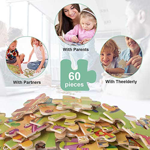 Puzzle Madera niños, Swonuk 60 Piezas Rompecabezas Madera Bebe, Include Animales, numeros, Letras, Regalo para niños(6 Paquetes, 60 Piezas)