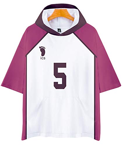 QYIFIRST Camiseta de manga corta 3D con capucha Shiratorizawa Academy Satori Tendou NO.5, sudadera con capucha, disfraz de cosplay, color lila y blanco, talla L (pecho 120 cm)