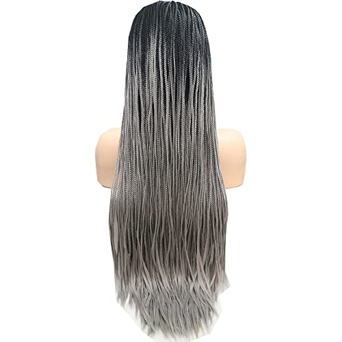 RainaHair Pelucas de trenzas de caja gris con encaje frontal sintético trenzas holandesas con raíz oscura resistente al calor Drag Queen Cosplay pelucas de 26 pulgadas