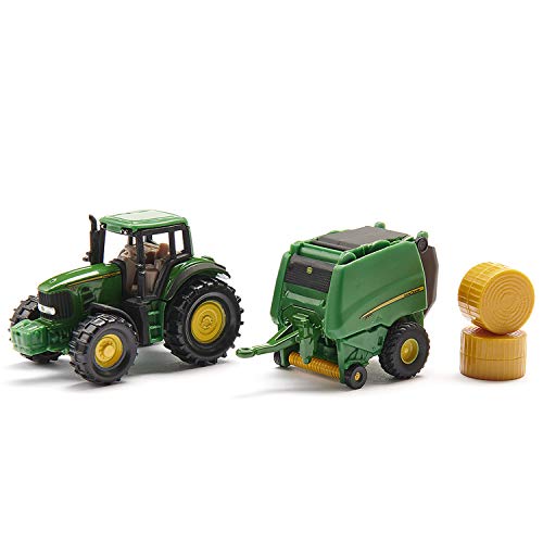 siku 1665, Tractor John Deere con enfardadora y 2 balas redondas, Metal/Plástico, Verde, Partes móviles