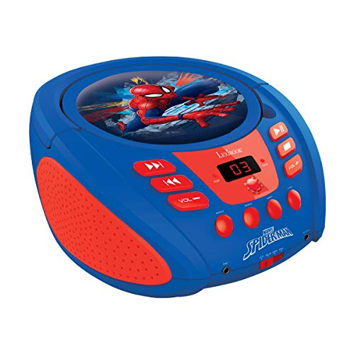 Spider-Man- Spiderman, Marvel-Reproductor Radio CD, Altavoz portátil aux-in y Toma micrófono con asa de Transporte (LEXIB, Color azul (Lexibook RCD108SP)