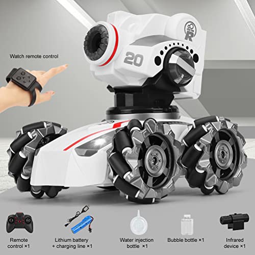Tanque teledirigido para coche con sensor de gestos, tanque, rotación de 360°, disparador de bolas de agua, burbujas suaves, pulverizador con luces y sensor de música para niños