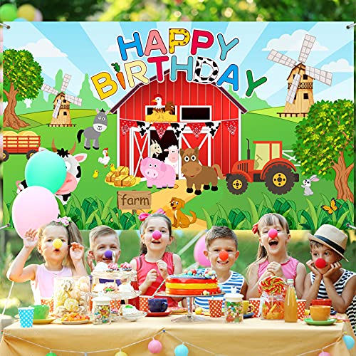 Telón de Fondo de Fotografía de Cumpleaños de Granja Grande Fondo de Fiesta de Happy Birthday Fondo de Foto de Cumpleaños de Tema Animal de Dibujos para Baby Shower, 72,8 x 43,3 Pulgadas