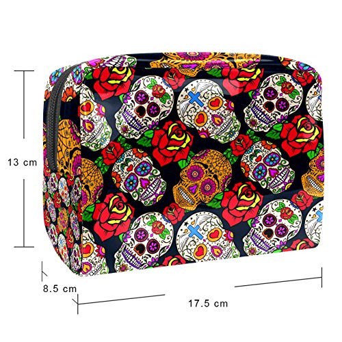 TIZORAX Bolsa de maquillaje mexicana con diseño de calavera de azúcar con rosa de PVC, bolsa de maquillaje de viaje, práctica bolsa organizadora para mujeres